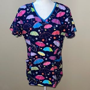 White Cross Scrub Top Colorful Umbrellas
